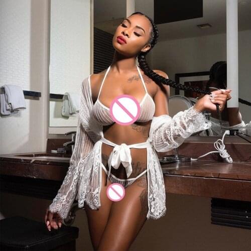 Womens Sexy Lingerie Set Erotic Porn Lace Underwear Hollow Perspective Three-point Bikini G-String Set Nightwear Brief Suits