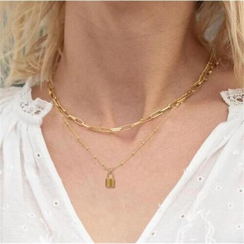 Stainless Steel Chain Lock Pendant Necklace For Women Double Layered Chains Golden Choker Necklaces Pendants Jewelry
