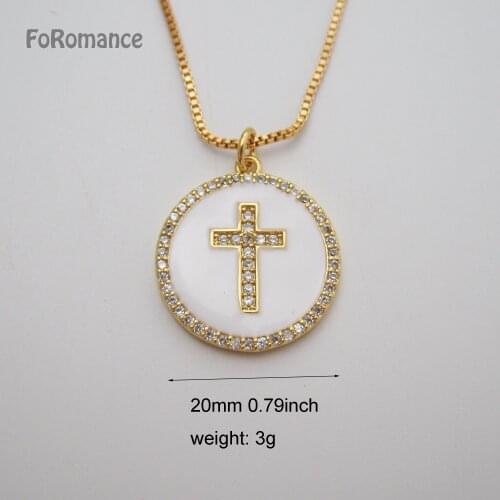 YELLOW GOLD PLATED GP 45CM BOX CHAIN & WHITE ENAMELED SHINING CZ STONES CROSS IN ROUND SHAPE PENDANT DIA 20MM 0.79INCH