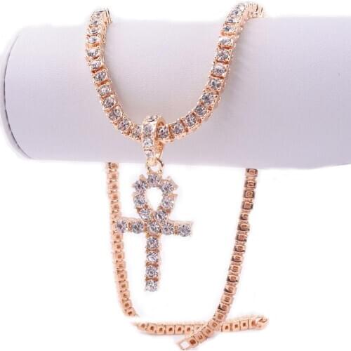 Rose Gold cross pendant necklace egypt ankh religion jewelry hip hop 1 row tennis chain mens women crystal fashion rapper cz