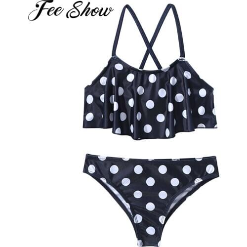 Kids Girls Two Piece Swimiwear Swimsuit Small Dots Crisscross Straps Bathing Suit Flounce Bikini Set Beachwear Swimming Outfits