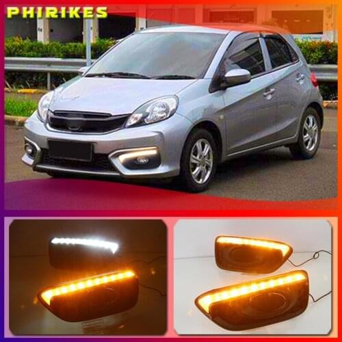 2Pcs DRL For Honda Brio 2016 2017 Car 12V LED Daytime Running Light Fog Lamp cover daylight ABS with Yellow turn signal