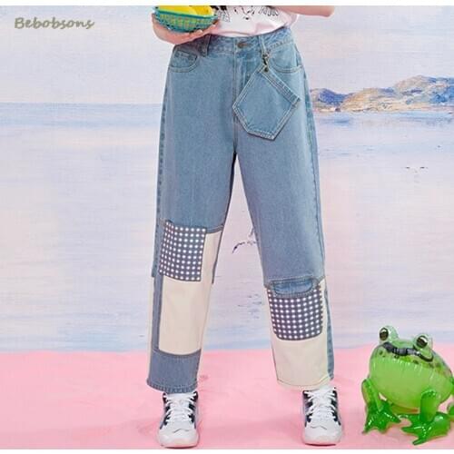 Fashion Streetwear Jeans For Women Full Length Lattice Patch Washed Jean Ladies Denim Straight Pants High Waist