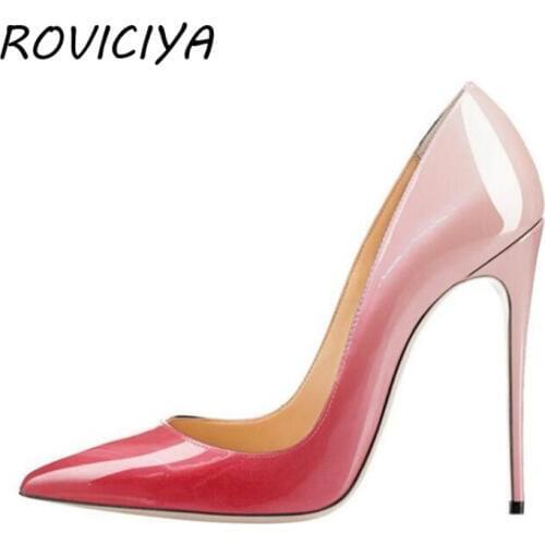 Gradient Red Nude Women Pumps Pointed Toe High Heels Patent Leather Women Party Shoes 8 cm 10 cm 12 cm Stilettos QP005 ROVICIYA
