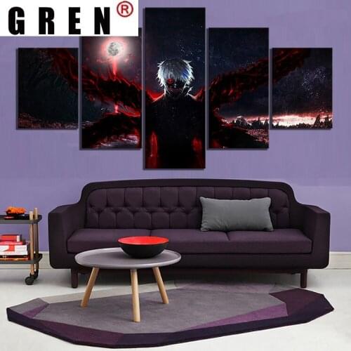 GREN 5 Panels Canvas Painting Poster Japan Anime Charater Tokyo Ghoul Pictures No Framed Wall Art Living Room Home Decor