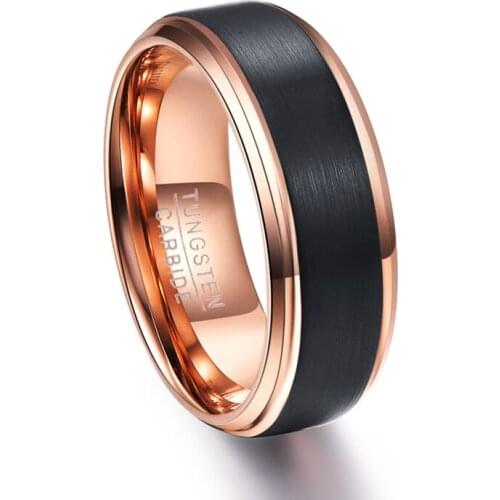 8mm Rose Gold Stainless Steel Ring Surface Black Color Brushed Fashion Mens Wedding Band Jewelry Accessories Size 6-13