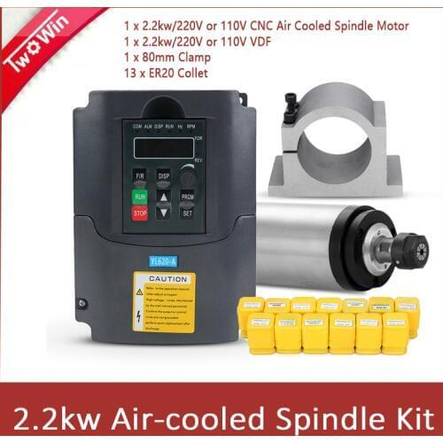 2.2kw Air-cooled Spindle Kit 2200w Spindle 4 Bearing Air Cooling 2200w CNC Milling Motor+2.2kw Inverter+80mm clamp+ER20 Collet