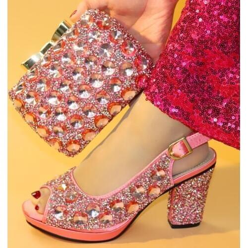 Hot sale pink women pumps match handbag with big crystal decorateafrican high heel shoes and bag set for party dress A777