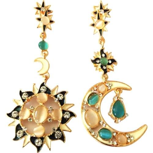 Fashion Women Rhinestone Star Sun Moon Charm Long Dangle Irregular Stud Earrings Tassel Earring Bridal Wedding Jewelry