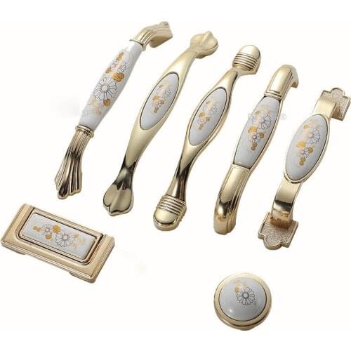 New Zinc Alloy Ceramic Gold Door Wardrobe Pulls Flower Antique Cabinet Cupboard Knobs European Fashion Drawer Hardware Handle