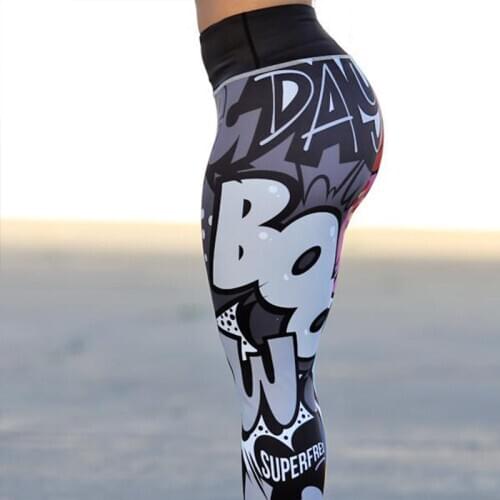 New Comic Words Printing Leggings Put Hip Fold Elastic High Waist Legging Breathable Slim Pants