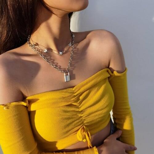 Gothic Geometry Lock Pendant Necklace Iron Chain Vintage Cuban Miami Fashion Exaggerated Choker Necklaces For Women Jewelry