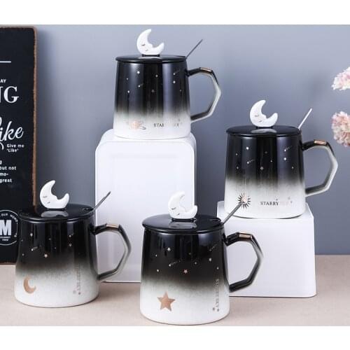 Personalized Creative Ceramic Gift Cup Star Moon Couple Mug Black and White Coffee Cup with Spoon Gift High Value Girl Boy