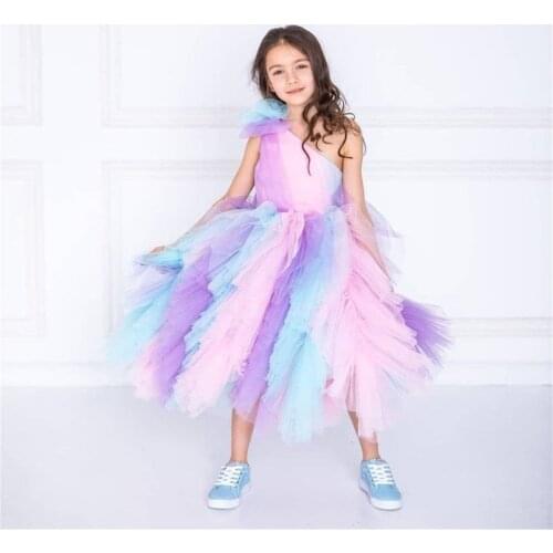 Rainbow Flower Girl Dresses Tiered Skirts Ruffles Little Princess Birthday Party Gowns One Shoulder First Communion Dress