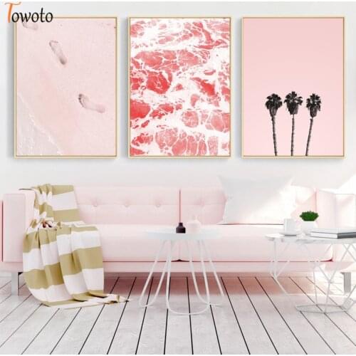 Blush Pink Tropical Wall Art Ocean Waves Canvas Painting Beach Poster Palm Tree Prints Coastal Decor Nordic Decoration Pictures