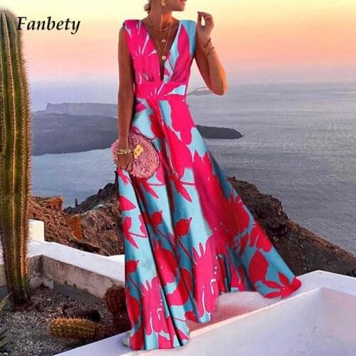 Sexy V-Neck Women Beach Dresses 2021 Fashion Vintage Printed Long Dress Summer Casual Sleeveless Ladies Elegant Party Dresses