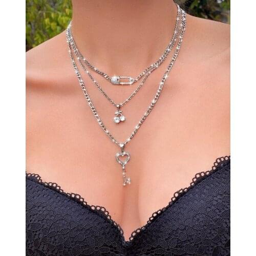 Gothic Cherry Pin Love Diamond Key Chain Necklace for Women Kpop Goth Chains and Necklaces Friends Punk Womens Neck Chain