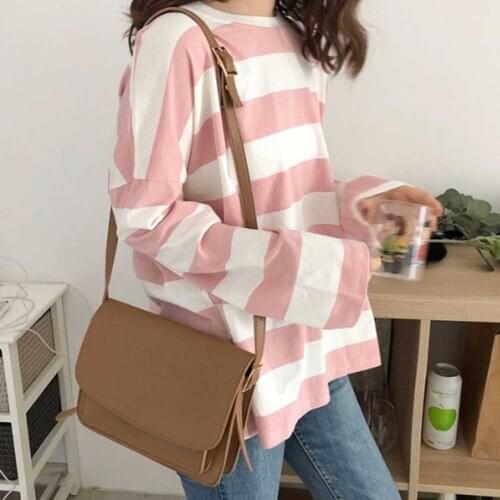 Womens White Pink Striped T-shirts Korean Style Loose Long Sleeve Tee Tops WDC5895