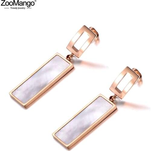 ZooMango Trendy White Shell Rectangular Titanium Stainless Steel Stud Earrings Rose Gold Handmade Ear Jewelry For Women ZE19142
