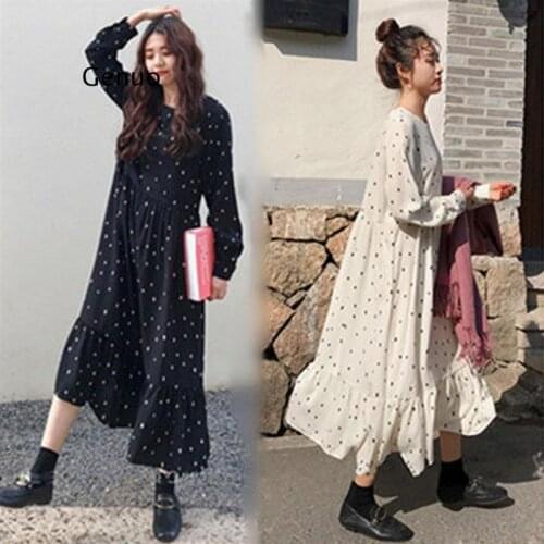 Plus Size Spring Summer European Style Brand Cothing Loose Long Sleeve Women Dresses Print Dot Linen Vestidos O-Neck Robe