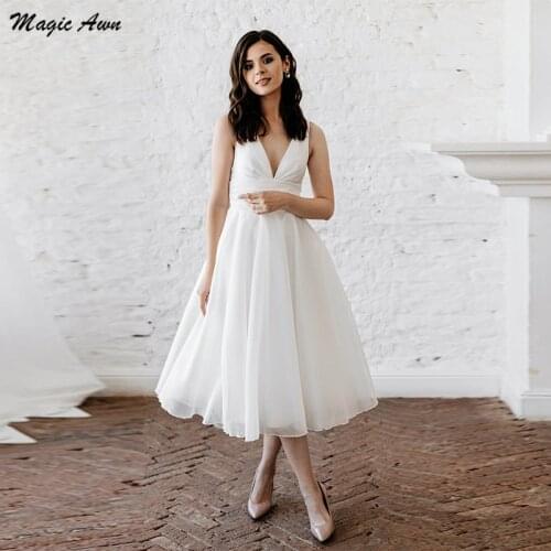 Magic Awn Simple Tea-Length Wedding Dresses Boho V-Neck Organza Wedding Party Dress A-Line Short Mariage Gowns Hochzeitskleid
