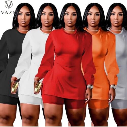 VAZN 2021 Autumn Plus Size Solid Sexy Young Free Elegant Full Sleeve High Waist Short Pants Slim Women 2 Piece Set