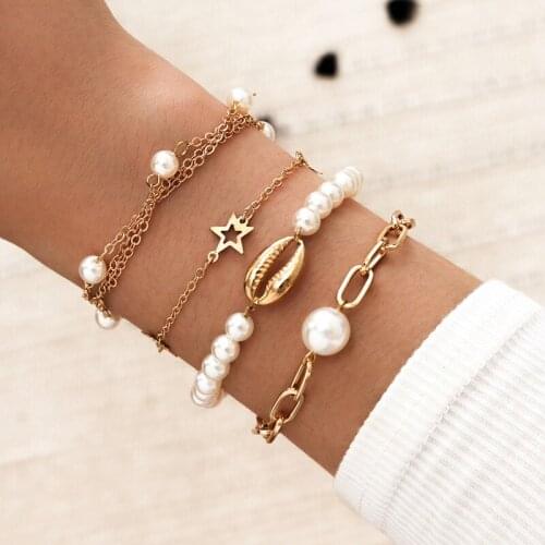 4 Pcs/Set Fashion Women Imitation Pearl Star Shell Bracelet Set Multilayer Bracelets Set Classic Party Jewelry Gift