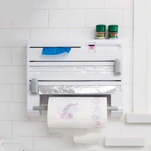 6 in 1 Kitchen Storage Rack Multifunctional Tin Foil Cling Film Cutter Bathroom Storage Rack Paper Towel Garbage Bag Rack