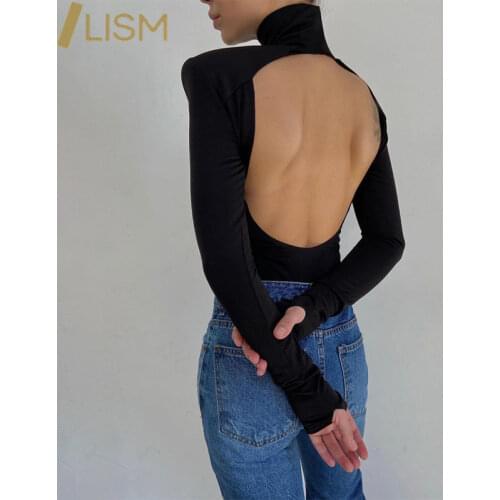 LISM Basic Solid Turtleneck Blackless Rompers Fashion Bodycon Rompers Long Sleeve Body Suits for Womens One Piece Club Outfits