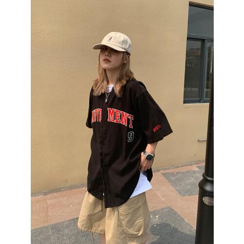 HOUZHOU Black Baseball Shirt Hip Hop Vintage Oversize Summer 2021 Half Short Sleeve Hippie Blouse Women Men Korean Style Ulzzang