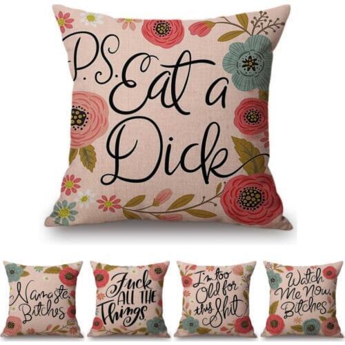 Pink Color Letter Print Sofa Throw Pillow Cotton Linen English Calligraphy Four Letter Word Complain Flower Wreath Cushion Cover