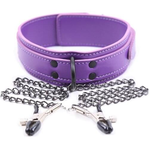 Adult PU Leather Choker Collar Attached Nipple Clamps SM Bondage Play Sex Toys for Couples