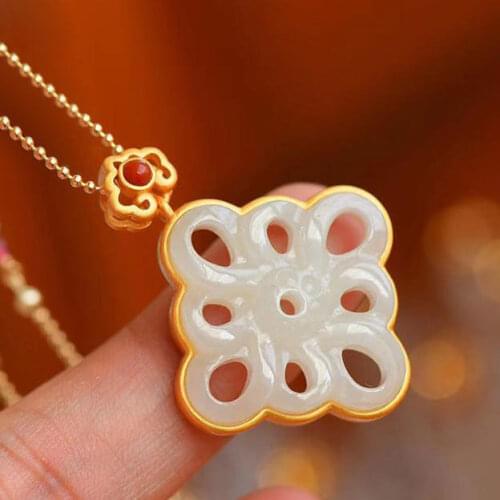 Palace Style Gray Jade Chinese Knot Pendant S925 Sterling Silver Hetian Jade Hollow Mosaic Pendant Hanfu South Red Gold Accessor