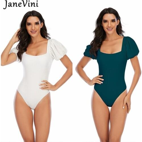 JaneVini 2021 White Beach Swimwear Swimsuit Women One Piece Bathing Suits Sexy Female Solid Puff Sleeve Bodysuit Bikini Bikiny