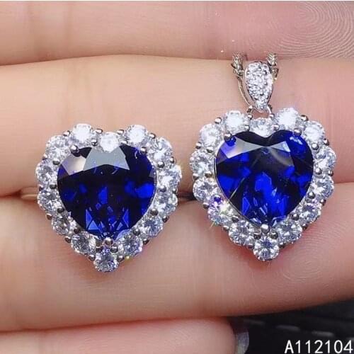 KJJEAXCMY fine jewelry 925 sterling silver inlaid natural sapphire women exquisite elegant heart gem ring pendant suit support d