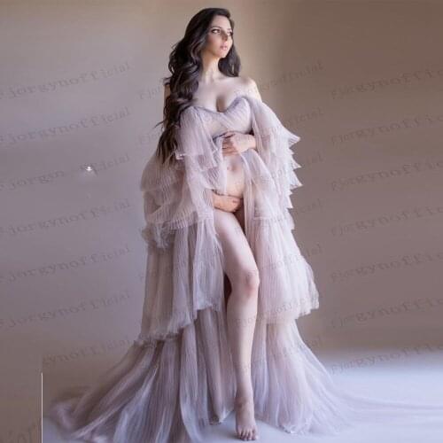 Fashion Pink Tulle Puffy Women Formal Party Dresses Bridal Robes Customized Maternity Dress Front Slit Pregnant Gowns