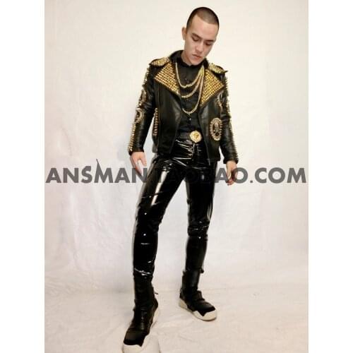 Handmade Mens Fashion Cool Rivets Skull Leather Jacket Nightclub bar male singer DJ dance wear Stage show performance Coat
