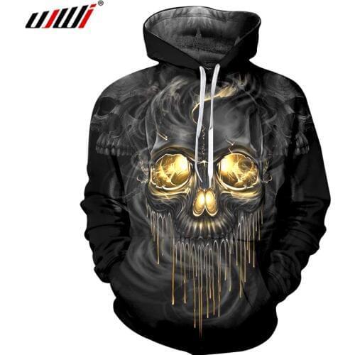 UJWI 3D Gold Smoke Art Skull Printed Sweatshirt Hoodies Hoody Men Autumn Winter Hombre Hip Hop Streetwear Pullover Jacket