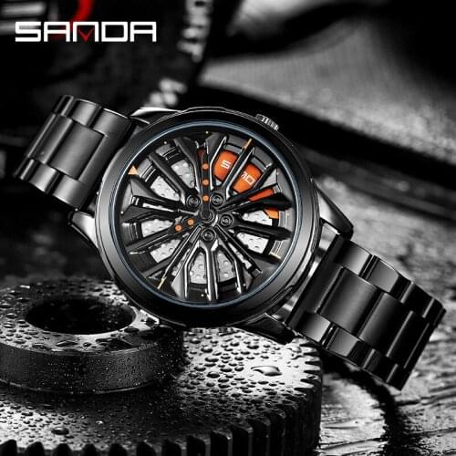 SANDA Men Quartz Watch Waterproof Watch For Men Car Wheel Watches Rim Hub Real 3D Model For Mens Watch 360 Degree Rotating Dial