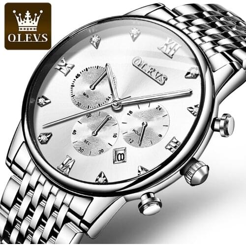 OLEVS New Mens Multifunction Three Eyes Six Needle Meter Fashion Sports Waterproof Solid Stainless Steel Bracelet Watch 2868