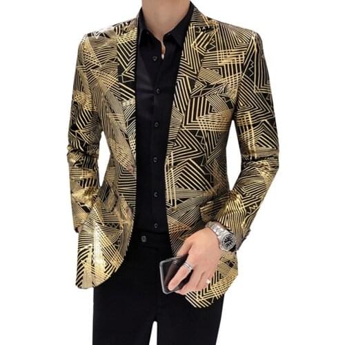 Men Blazer Luxury Gold Stripes Print Business Casual Blazers Slim Fit Male Suit Jacket DJ Singer Prom Dress Coat Plus Size M-5XL