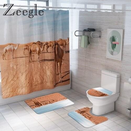 Zeegle Printed Camel 4pcs Bath Mat Set Washable Toilet Rug Polyester Bathroom Shower Mat Pedestal Soft Rug Toilet Seat Cover