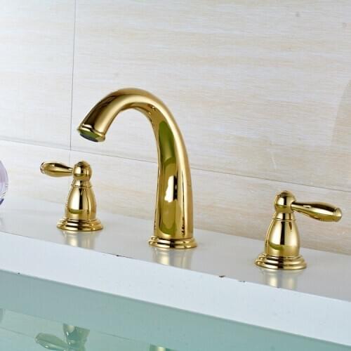 Vidric 3 piece Set Faucet Bathroom Mixer Deck Mounted Sink Tap Basin Faucet Set Ceramic Copper Faucet Golden Finish Mixer Tap