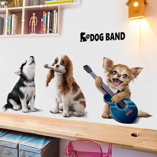 Lovely Animal Wall Stickers Home Decor Cartoon Dog Plays Guitar Wall Decals Living Room Bedroom Mural Vinyl Wallpaper Room Decor