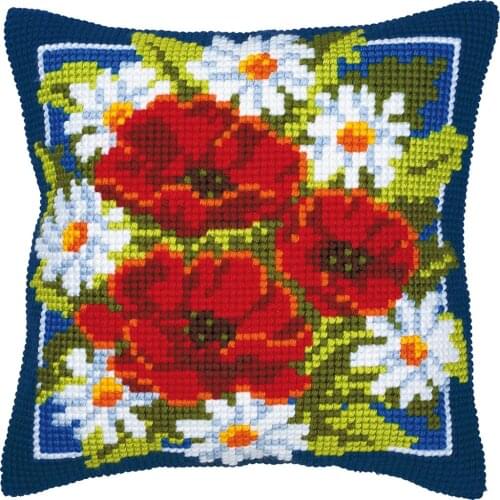 DIY Cross Stitch Cushion Cover Red Flowers Needlepoint Kits Printed Canvas Chunky Yarn Cross-stitch Pillow Case Arts & Crafts