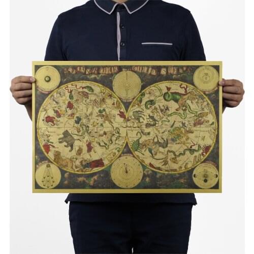 New Vintage 1680 Ancient Zodiac Constellation Map Poster Wall Decor Retro Kraft Paper Wall Sticker Room Decoration Stickers
