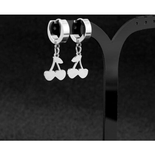 New Korean Stainless Steel Double Cherry Charms Pendant Stud Earrings for Men Women Urban Rappers Ear Hoop Clip Hip Hop Gifts