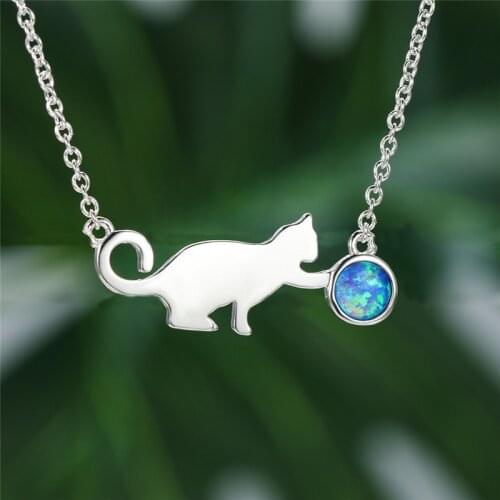 Blue Fire Round Opal Necklace Cute Small Cat Play Ball Pendants Necklaces For Women Wedding Vintage Silver Color Chain Necklace