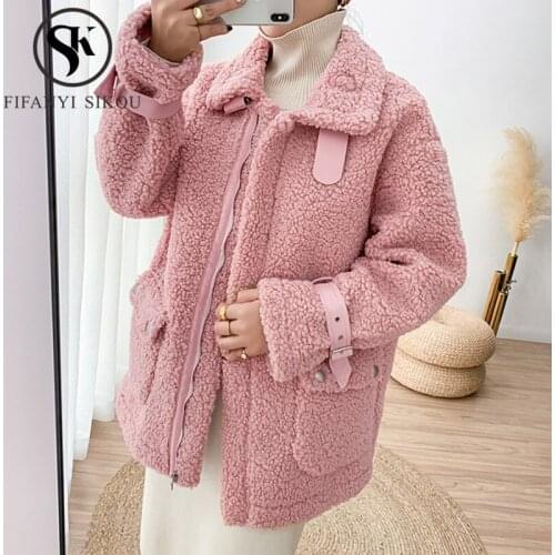 Teddy Coat Women Winter Warm Faux Lamb Wool Fur Coat Fashion Lapel Zipper Loose Faux Fur Jacket Female Casual Plush Coats