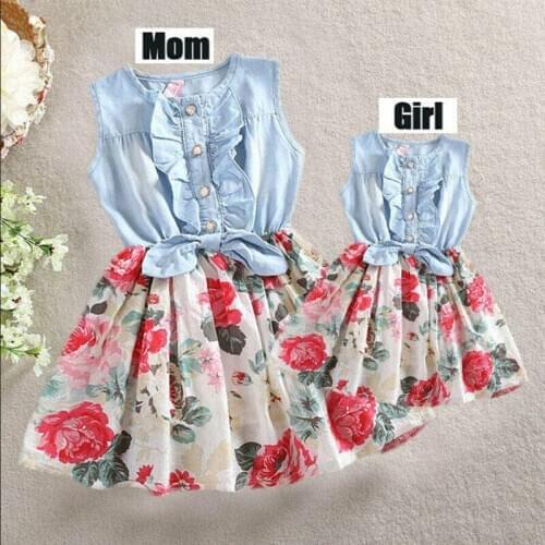Family Matching Clothes Mother and Daughter Summer Floral Patchwork Dress Women Girls Sleeveless Short Dresses Sundress